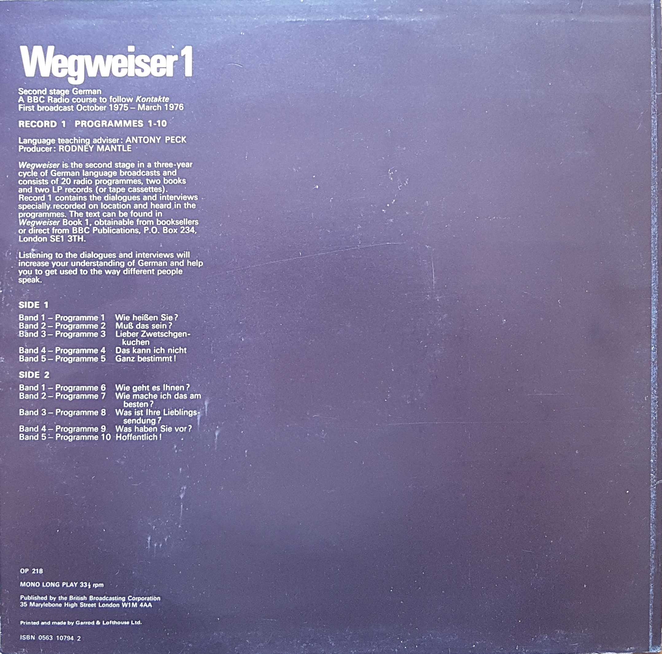Picture of OP 218 Wegweiser 1 - Second stage course in German - Programmes 1 - 10 by artist Antony Peck from the BBC records and Tapes library